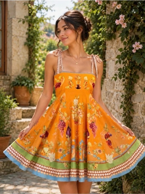 Caroline Constas Dresses & Skirts - Caroline Constas Orange Floral & Fruit Tie-Shoulder Mini Dress